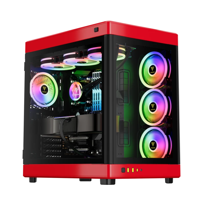 Gamdias NESO P1 BR CASE ,Trapezoid Shaped for Horizontal Desktop and Vertical Tower Setup 8 Slot Horizontal and Vertical GPU Holder Takes GPU Length up to 426mm Supports Radiators up to 360mm, and 420mm Side _ Red