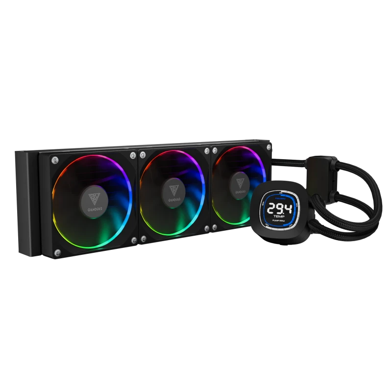 GAMDIAS CHIONE M4-360 Black Liquid CPU Cooler, 360mm Radiator, Rotatable 2.1" LCD Display, ARGB Fans, High-Performance Cooling System