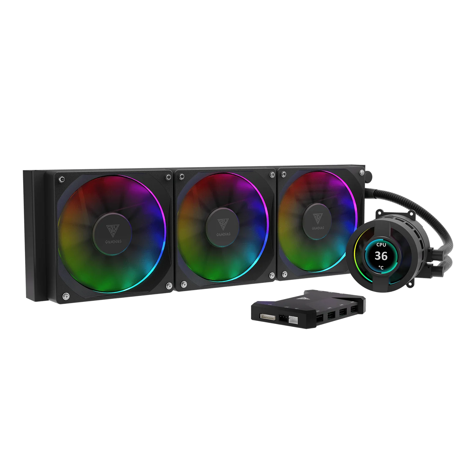 GAMDIAS CHIONE P3-360U Liquid CPU Cooler – 360mm Radiator, IPS LCD Display, Dual-Ring ARGB Fans, Intel & AMD Support, Custom GIF/PNG