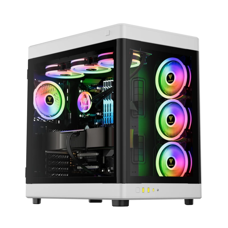 Gamdias NESO P1 BW CASE ,Trapezoid Shaped for Horizontal Desktop and Vertical Tower Setup 8 Slot Horizontal and Vertical GPU Holder Takes GPU Length up to 426mm Supports Radiators up to 360mm, and 420mm Side _ White/Black
