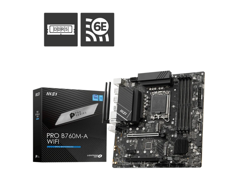 MSI PRO B760M-A WIFI Micro-ATX Motherboard, Intel LGA 1700, DDR5 256GB, PCIe x16, 2x M.2, HDMI, DP, Wi-Fi 6E, USB 3.2 | 911-7E02-025