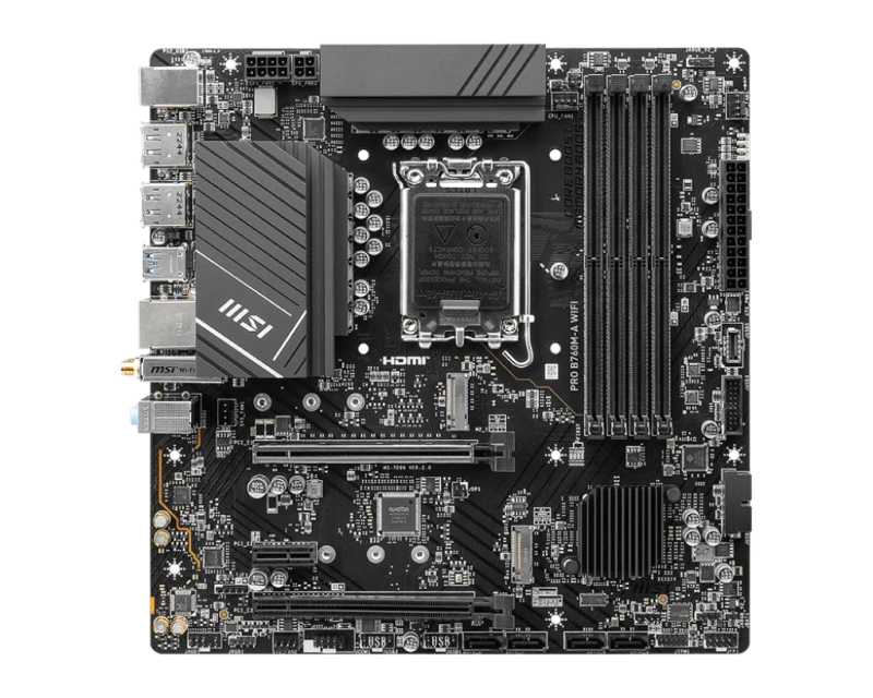 MSI PRO B760M-A WIFI Micro-ATX Motherboard, Intel LGA 1700, DDR5 256GB, PCIe x16, 2x M.2, HDMI, DP, Wi-Fi 6E, USB 3.2 | 911-7E02-025