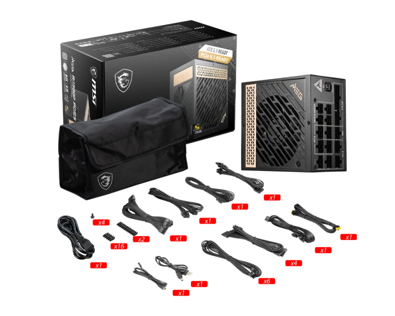MSI MEG Ai1300P PCIE5 Power Supply, 1300W, 80 PLUS Platinum, Full Modular, ATX 3.0, Zero Fan Mode, Japanese Capacitors | PAI1300PPCIE5