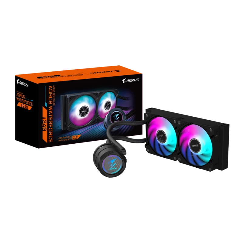 Gaming AIO Cooler Gigabyte AORUS WATERFORCE II 240 – Dual 120 mm ARGB Fans, Rotatable Block, AM5 & LGA1851 Support