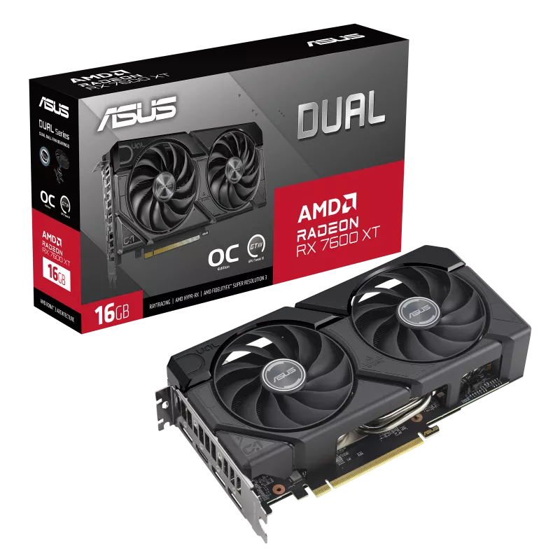 ASUS Dual Radeon RX 7600 XT OC Edition Graphics Card, 16GB GDDR6, Boost Clock 2801 MHz, PCIe 4.0, Dual Fan Cooling, 2048 Stream Cores | 90YV0KF0-M0NA00