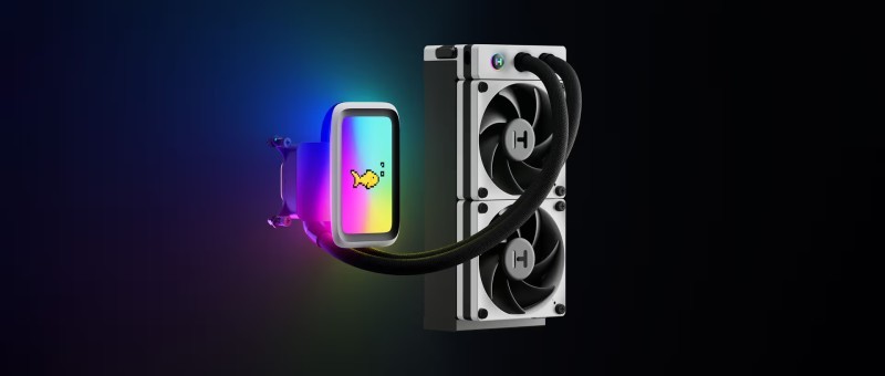 Hyte THICC Q60 Digital 240 mm AIO Liquid Cooler, 5″ IPS Display, 42‑Pixel qRGB, Dual Harmonic Pumps, 105.8 CFM, 8.14 mm‑H₂O, White/Black, FAN‑HYTE‑Q60‑BW