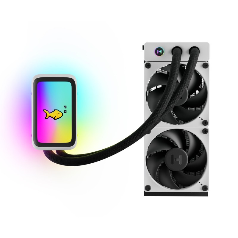 Hyte THICC Q60 Digital 240 mm AIO Liquid Cooler, 5″ IPS Display, 42‑Pixel qRGB, Dual Harmonic Pumps, 105.8 CFM, 8.14 mm‑H₂O, White/Black, FAN‑HYTE‑Q60‑BW