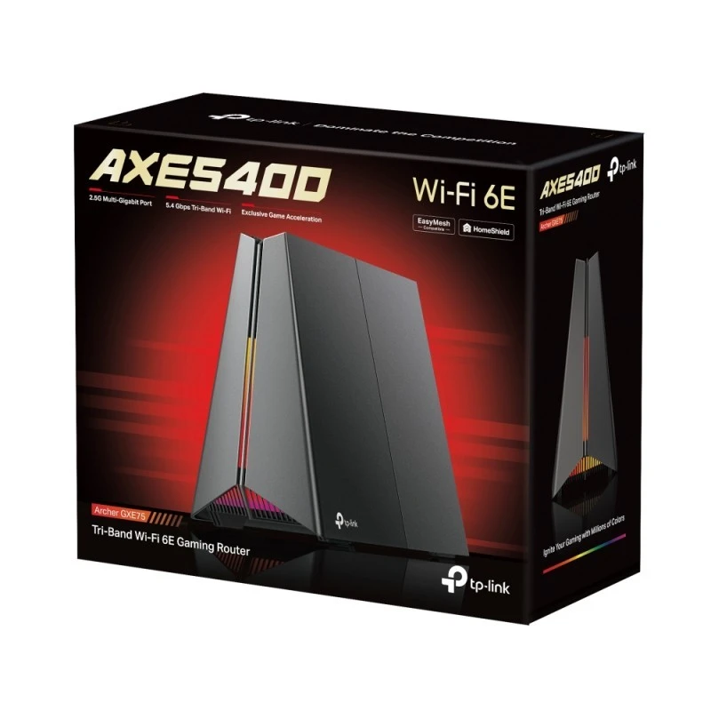 TP‑Link Archer GXE75 AXE5400 Tri‑Band Wi‑Fi 6E Gaming Router, 5.4 Gbps, 2.5 Gbps WAN + 4×1 Gbps LAN, HomeShield, EasyMesh, RGB