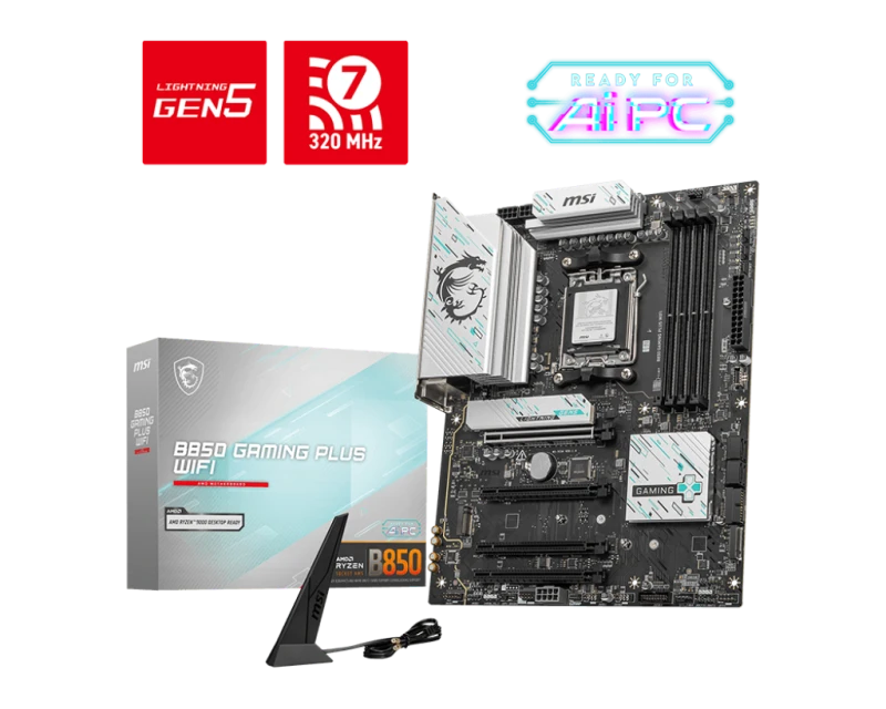 MSI B850 GAMING PLUS WiFi ATX Motherboard – AMD B850 AM5, DDR5 up to 256GB, 4x PCIe x16, 3x M.2 NVMe, Wi-Fi 7, Bluetooth, Model 911-7E56-001