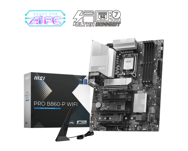 MSI PRO B860-P WiFi ATX Motherboard, Intel B860 LGA 1851, 4x DDR5 Slots up to 256GB, 4x PCIe x16, 3x M.2, WiFi & Bluetooth, USB-C, 911-7E41-001