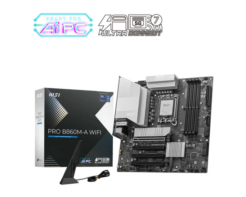 MSI PRO B860M-A Wi-Fi Micro-ATX Motherboard, Intel B860 LGA 1851, DDR5 256GB, PCIe 5.0 x16, 3x M.2, Thunderbolt 4, Wi-Fi 7, 5G LAN