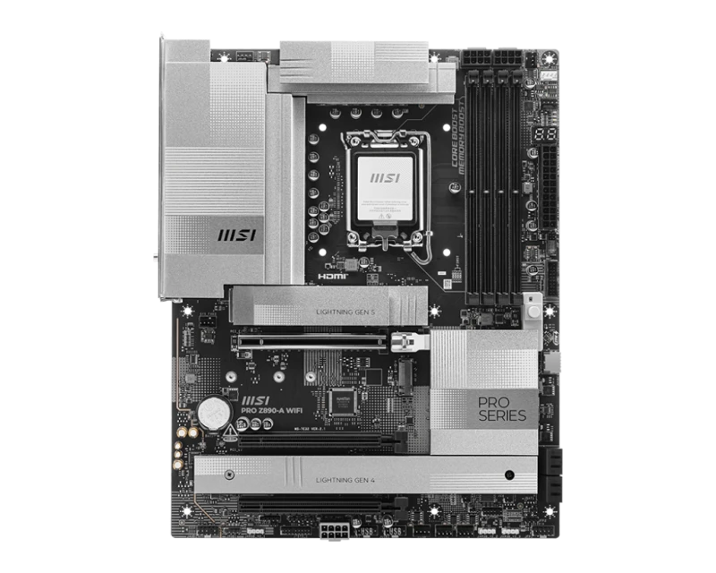 MSI PRO Z890-A WiFi Motherboard, LGA 1851, Intel Z890 Chipset, DDR5 256GB 8000MT/s, PCIe 5.0 x16, 4x M.2 Gen4, Wi-Fi 7, 2.5G LAN, ATX