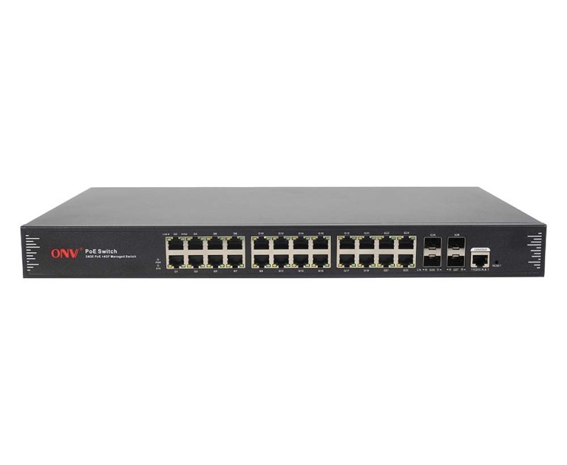 ONV Gigabit 28-port  L2+ managed PoE switch with 24*10/100/1000M RJ45 ports and 4*100/1000M uplink SFP fiber ports. Port 1-24, 400W power supply | POE33028PFM