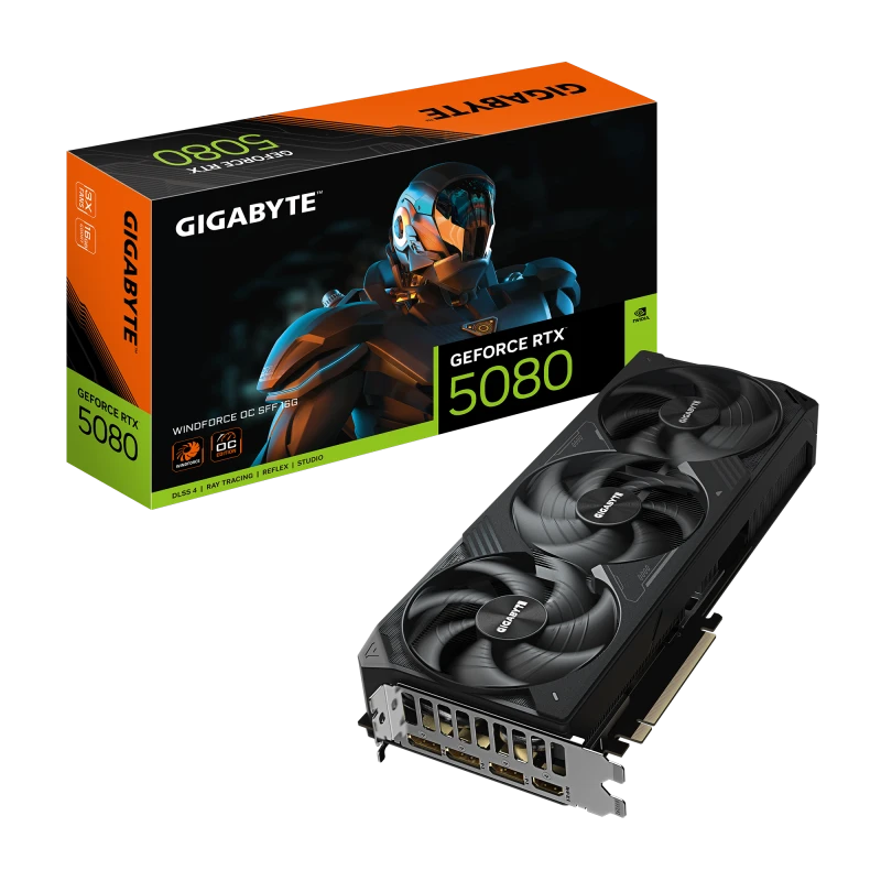 GIGABYTE GeForce RTX 5080 WINDFORCE OC SFF 16GB GDDR7, 256‑bit, 2670 MHz, DLSS 4, Dual‑BIOS, SFF‑ready, PCIe 5.0 | GV‑N5080WF3OC‑16GD