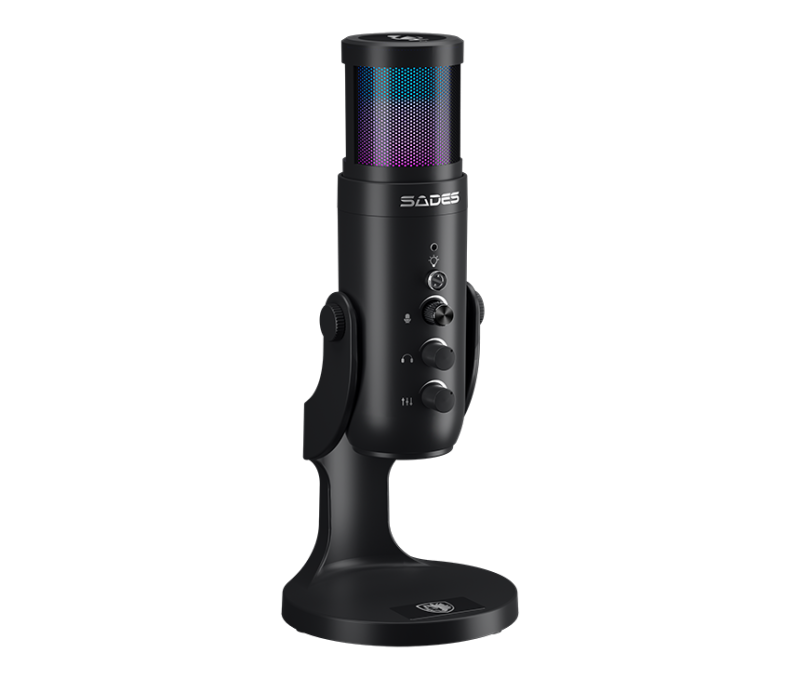 Sades OTUS Gaming Microphone, Black, USB Condenser, Cardioid, RGB, Mute Button, Crystal-Clear Audio, 70Hz - 20KHz, Real-Time Noise Reduction