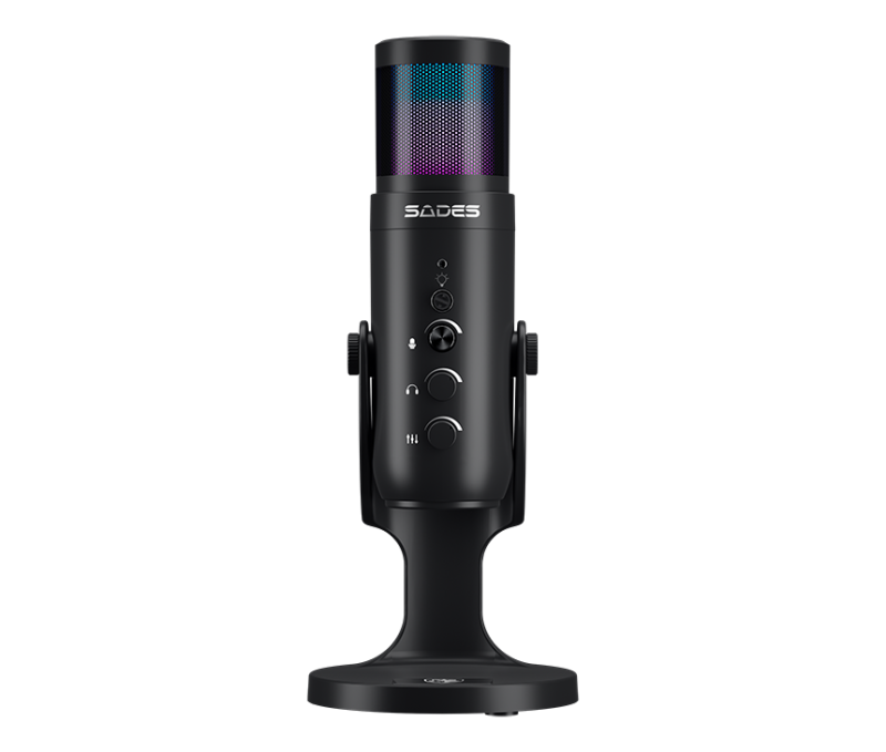 Sades OTUS Gaming Microphone, Black, USB Condenser, Cardioid, RGB, Mute Button, Crystal-Clear Audio, 70Hz - 20KHz, Real-Time Noise Reduction