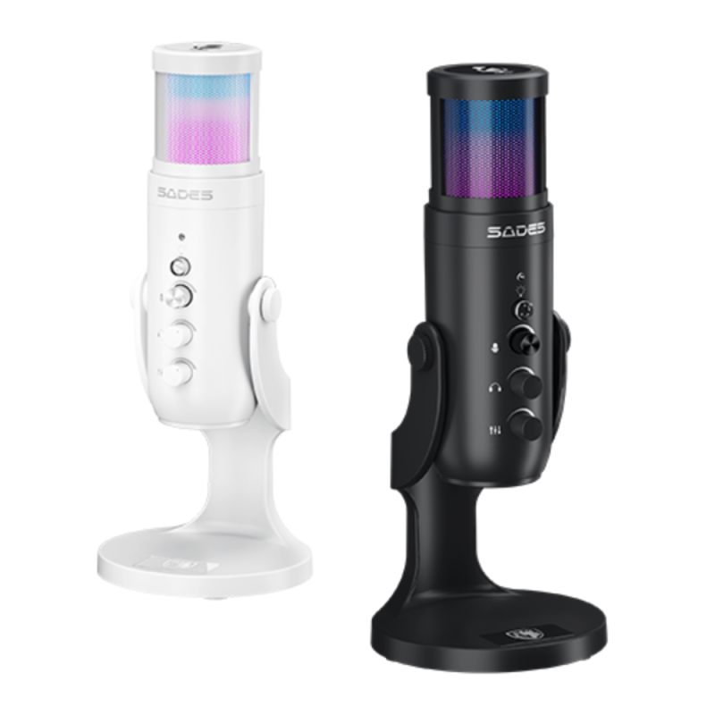 Sades OTUS Gaming Microphone, Cardioid Crystal-Clear Audio, 70Hz - 20KHz, Real-Time Noise Reduction, Convenient Mute Button, RGB Lighting, White | SW-MC04-W