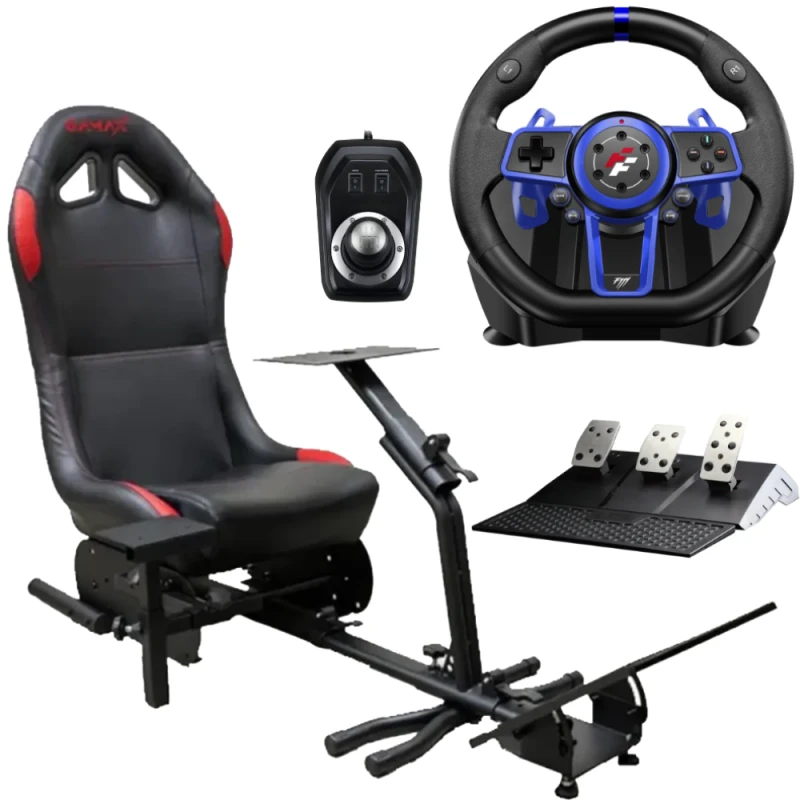 GAMAX Sporty Gaming Racing Seat – Blue & RED + Flash Fire SUZUKA WHEEL 900R/F111 WITH SHIFTER