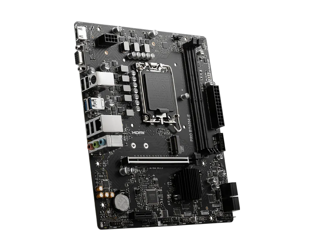 MSI PRO B760M-E Motherboard, Intel LGA1700, B760 Chipset, DDR5 96GB, 1× M.2, 4× SATA 6G, Micro-ATX, 911-7D48-039