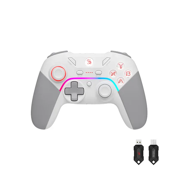 A4Tech Bloody GPW70 Wireless & USB RGB Gamepad, Dual-Mode 2.4 GHz, 360° Joysticks, Turbo/Clear, LT/RT, 600 mAh, PC/PS3/Switch/Android. White