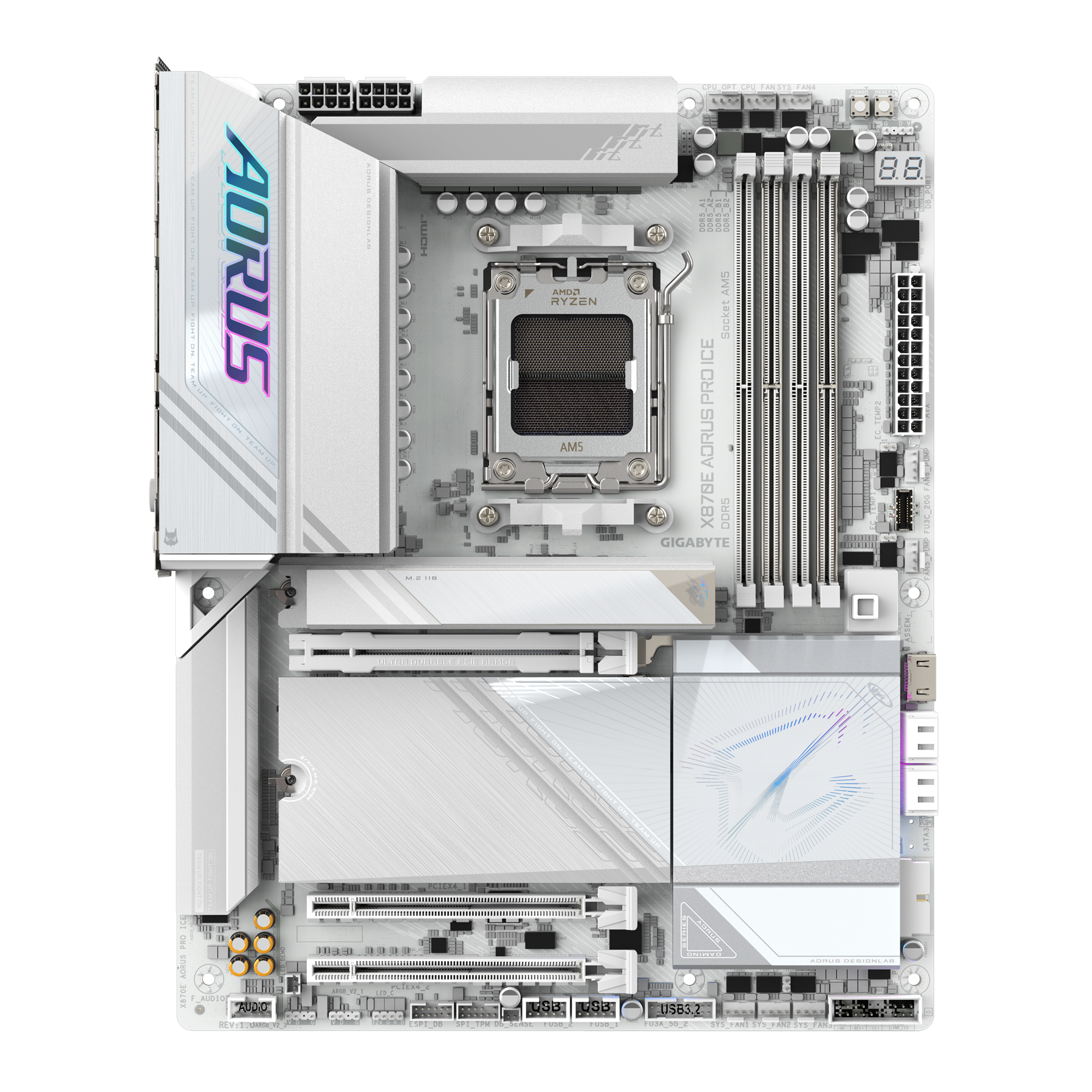 Gigabyte X870E AORUS PRO ICE White Motherboard, AMD AM5, DDR5, PCIe 5.0 x4, 4× M.2, Wi-Fi 7, USB4, 2.5Gb Ethernet, ATX