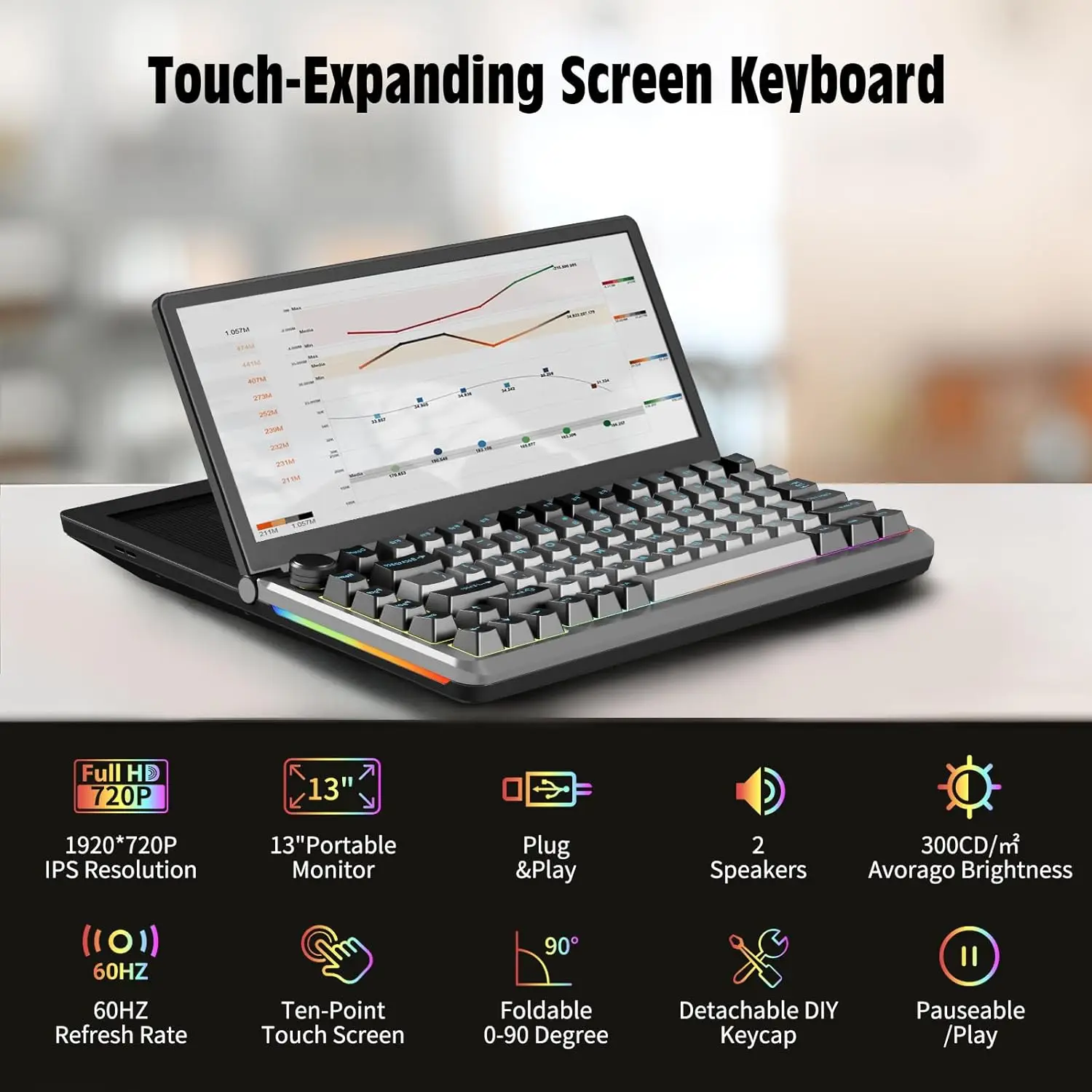 V2COM K3 13" Foldable Touchscreen Mechanical Keyboard Monitor, 10-Point Touch, RGB 82-Key, N-Key, M.2 SSD Slot, Plug-and-Play, Windows/Mac | V2COM K3