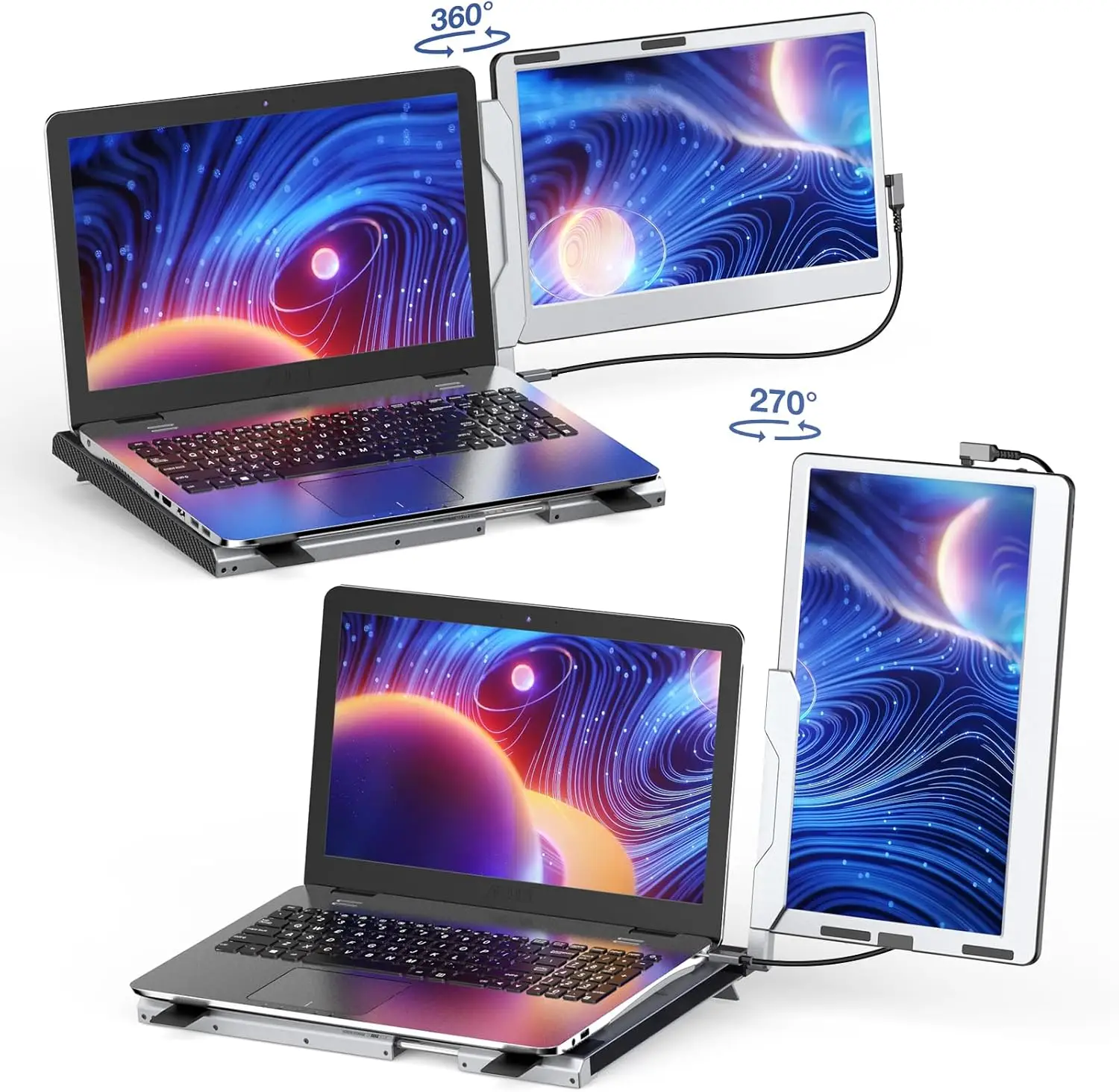 V2COM F1 14″ Dual‑Screen Laptop Monitor Extender | FHD 1080p IPS with 360° Rotate, Plug‑&‑Play USB‑C/HDMI, Built‑in Speakers
