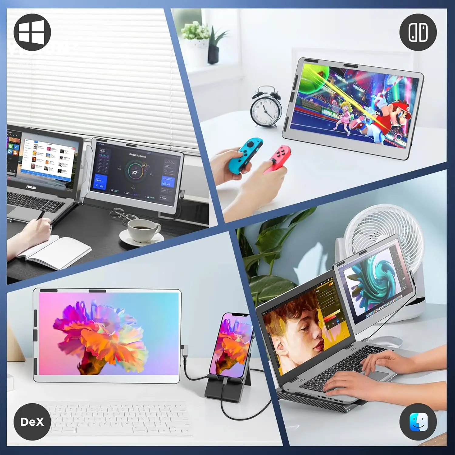 V2COM F1 14″ Dual‑Screen Laptop Monitor Extender | FHD 1080p IPS with 360° Rotate, Plug‑&‑Play USB‑C/HDMI, Built‑in Speakers