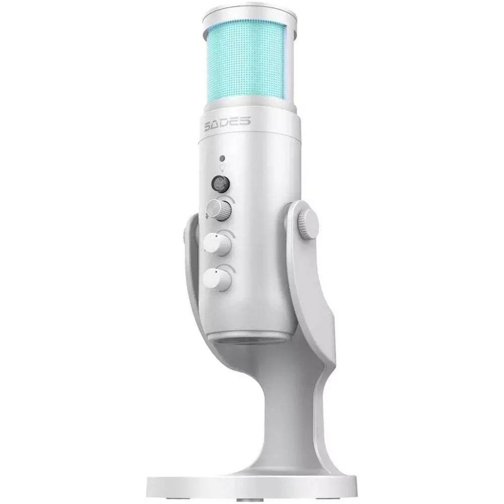 Sades OTUS Gaming Microphone, Cardioid Crystal-Clear Audio, 70Hz - 20KHz, Real-Time Noise Reduction, Convenient Mute Button, RGB Lighting, White | SW-MC04-W