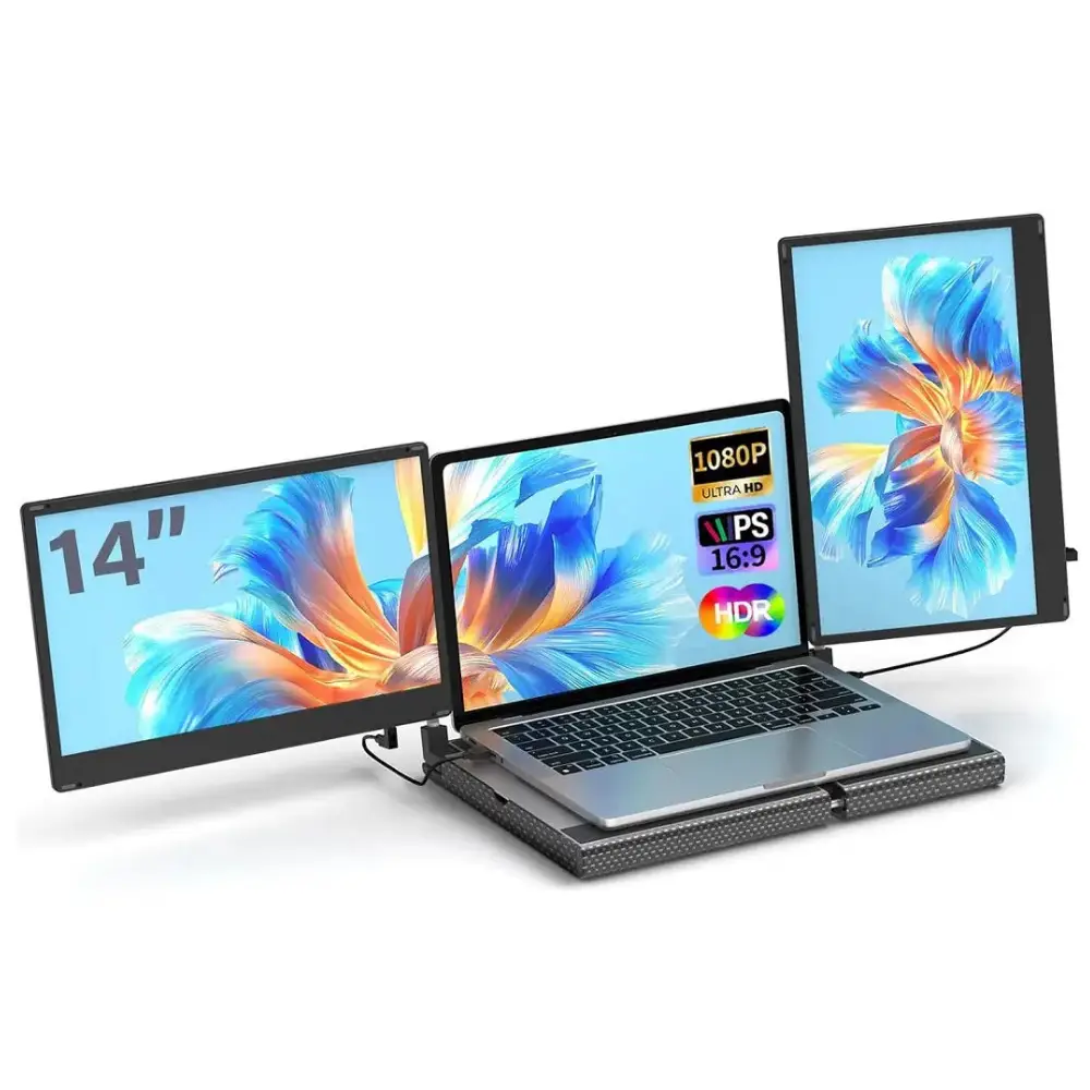 V2COM F3 14" Triple Laptop Monitor Extender, Dual Foldable Full HD IPS Screens, USB-C & HDMI, 270° Rotation, Lightweight Aluminum, Windows/macOS | F3