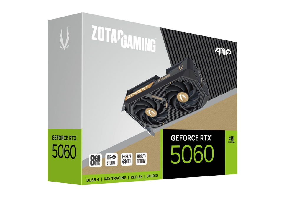 ZOTAC GAMING GeForce RTX 5060 AMP Graphic Card, 8GB GDDR7, 128-bit 28 Gbps, 2550 MHz Engine Clock, 3840 CUDA cores, NVIDIA Blackwell architecture and DLSS 4 | ZT-B50600F-10M
