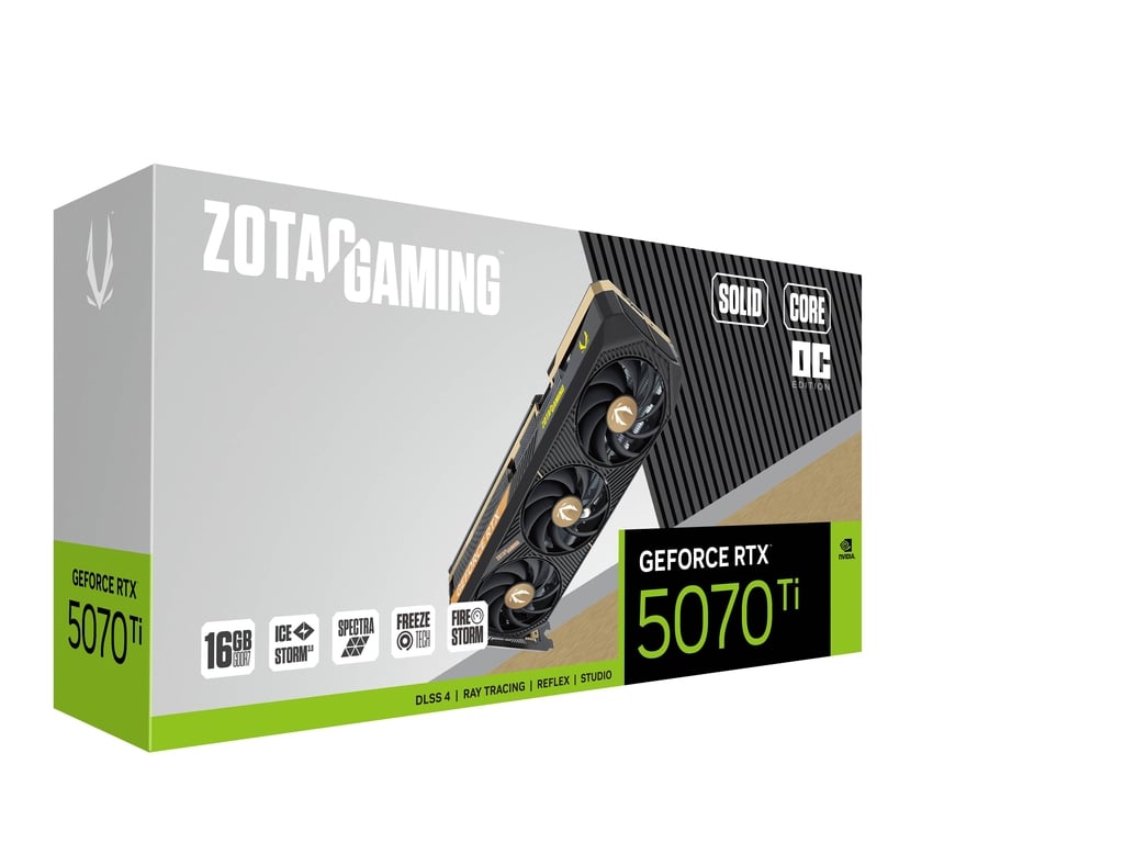 ZOTAC GAMING GeForce RTX 5070 Ti SOLID CORE OC Graphic card, 16GB GDDR7, 256-bit 28 Gbps, 8960 CUDA cores, 2482 MHz Engine Clock, NVIDIA Blackwell architecture and DLSS 4 | ZT-B50710J2-10P