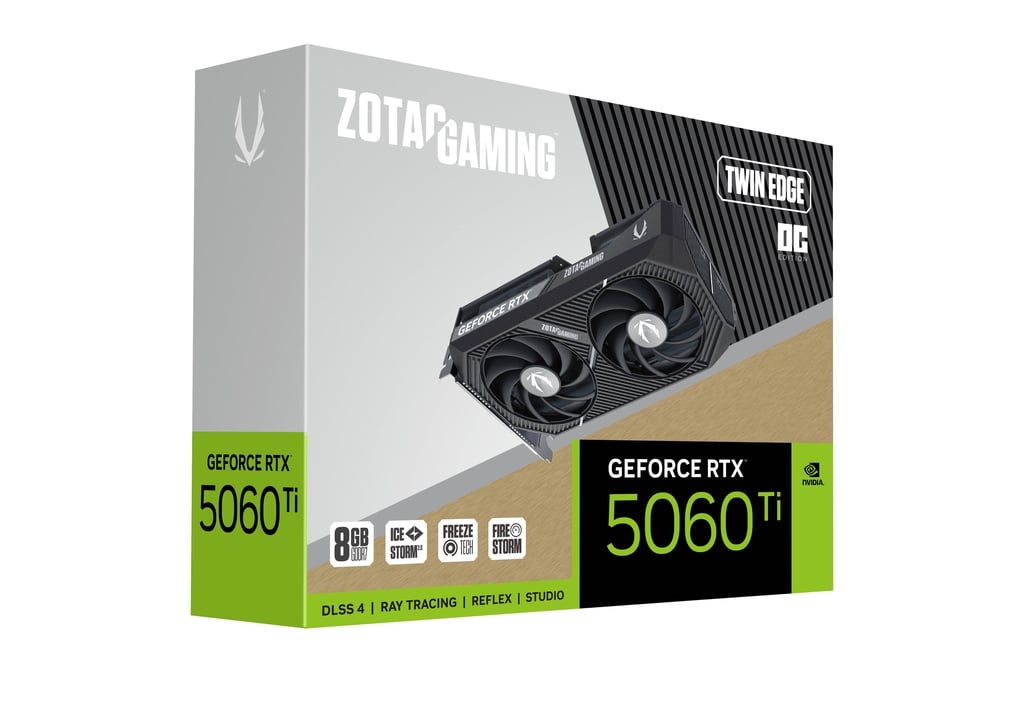 ZOTAC GAMING GeForce RTX 5060 Ti 8GB Twin Edge OC Graphic card, 8GB GDDR7, 128-bit 28 Gbps, 2602 MHz Engine Clock, SFF-Ready, NVIDIA Blackwell architecture and DLSS 4 | ZT-B50610H-10M