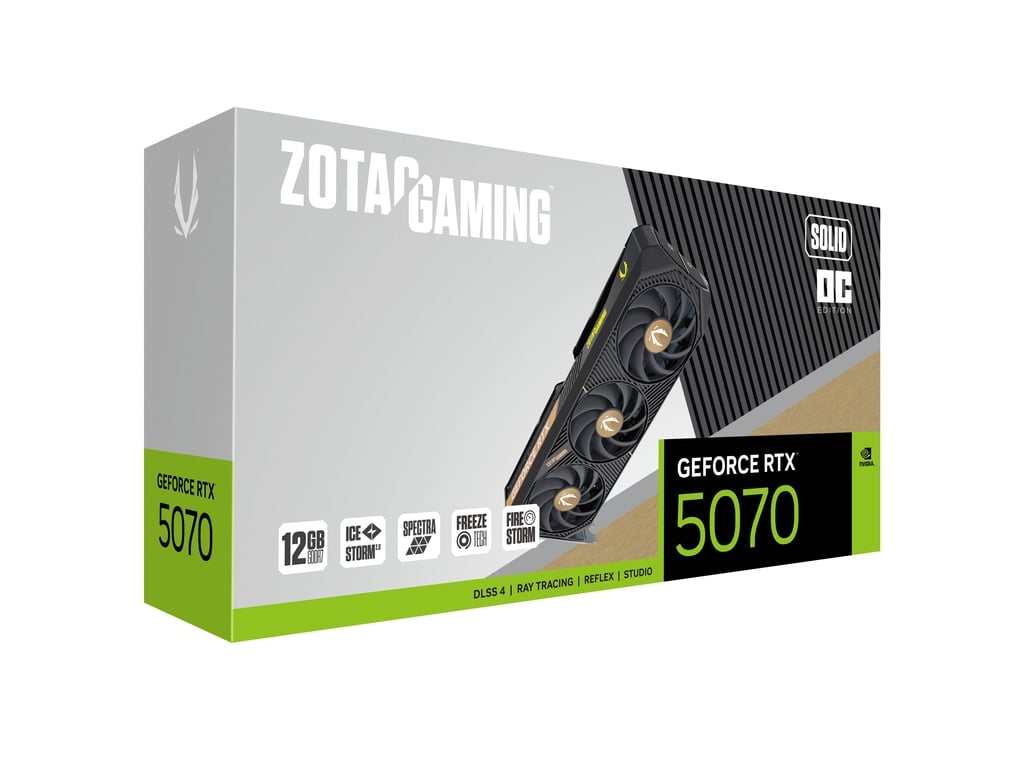 ZOTAC GAMING NVIDIA GeForce RTX 5070 SOLID OC Graphic card, 12GB GDDR7, 28 Gbps, 192-bit, 6144 CUD Cores, Max Boost 2542 MHz SPECTRA RGB Lighting | ZT-B50700J-10P
