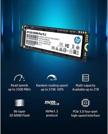 HP EX900 Plus NVMe PCIe M.2 Interface SSD, 512GB Capacity, Read Speed up to 3300 MB/s, Write Speed up to 2700 MB/s, PCIe GEN 3 x4, 8 Gb/s, 3D NAND Flash | 35M33AA#ABB