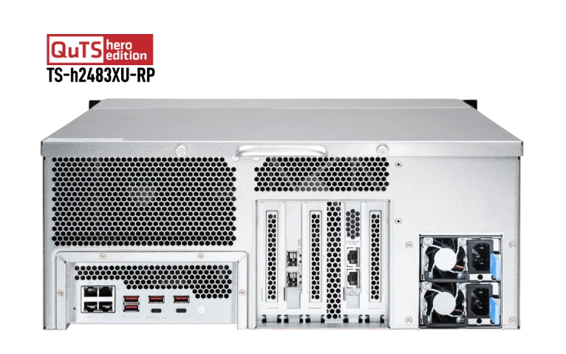 Qnap TS-h2483XU 24-Bay 4U Rackmount NAS - Intel Xeon E E-2136 CPU, 128 GB DDR4 Memory, 24 x 3.5-inch SATA 6Gb/s Drive Bay, 4 Gigabit Ethernet Port, 5 PCIe Slot, 800W Power Supply Unit | TS-h2483XU-RP-E2136-128G