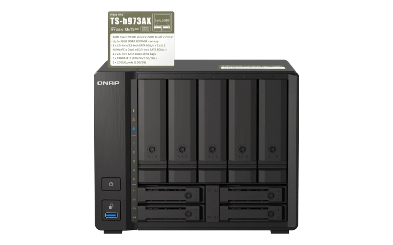QNAP TS-h973AX 9-Bay NAS Enclosure - AMD Ryzen V1500B 2.2 GHz, 8GB DDR4 RAM, 5 x 3.5" and 2 x 2.5" SATA Drive Bays, 10GbE/2.5GbE, USB 3.2 Type-C & Type-A, QuTS Hero 4.5 OS