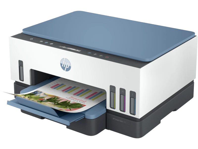 HP Smart Tank 725 All‑in‑One Printer, A4, Print‑Copy‑Scan, Auto Duplex, Wireless, Bluetooth, White/Blue