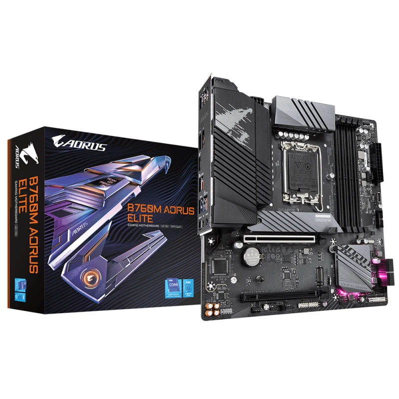 GIGABYTE B760M AORUS ELITE AX LGA 1700 DDR5 Micro‑ATX Motherboard – Twin 12+1+1 VRM, PCIe 4.0, Dual M.2, Wi‑Fi 6E, 2.5GbE LAN