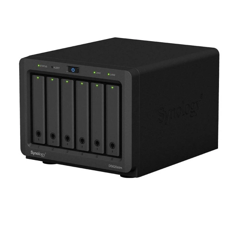 Synology DiskStation DS620 slim 6-Bay NAS Enclosure -Intel Celeron J3355, 2GB of DDR3L RAM, 2 x USB 3.0 Type-A Ports, Read Speeds up to 226 MB/s, 2 x Gigabit Ethernet Ports, Black | DS620SLIM