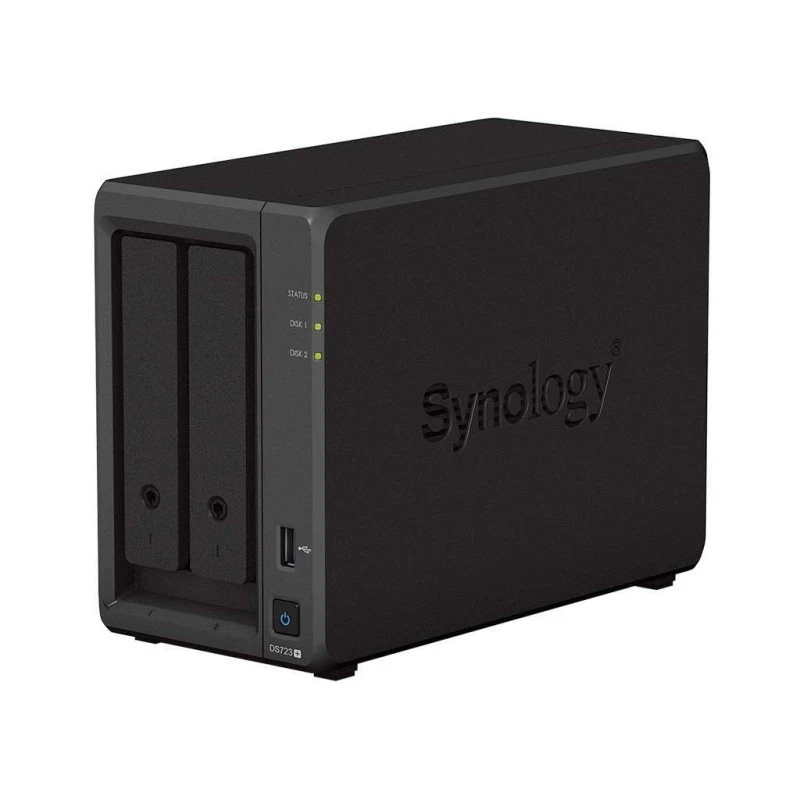 Synology DiskStation DS723+ 2-Bay NAS Enclosure – AMD Ryzen R1600, 2GB DDR4 ECC, Dual M.2 NVMe SSD Slots, 2x 1GbE RJ45 Ports