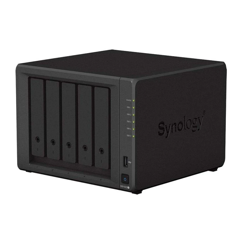 Synology DiskStation DS1522+ 5-Bay NAS Enclosure – 8GB DDR4 RAM, Up to 736 MB/s Read & 796 MB/s Write, Dual M.2 2280 NVMe SSD Slots, 4x Gigabit Ethernet Ports, 120W PSU, Black