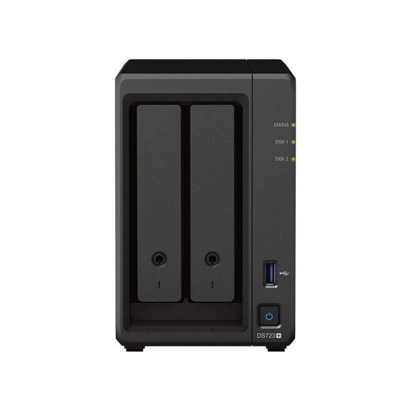 Synology DiskStation DS723+ 2-Bay NAS Enclosure – AMD Ryzen R1600, 2GB DDR4 ECC, Dual M.2 NVMe SSD Slots, 2x 1GbE RJ45 Ports