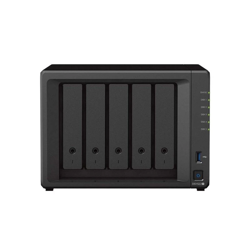 Synology DiskStation DS1522+ 5-Bay NAS Enclosure – 8GB DDR4 RAM, Up to 736 MB/s Read & 796 MB/s Write, Dual M.2 2280 NVMe SSD Slots, 4x Gigabit Ethernet Ports, 120W PSU, Black
