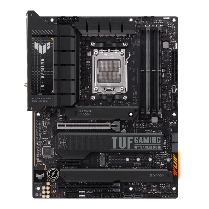ASUS TUF GAMING X670E-PLUS WIFI Motherboard, AMD X670E Chipset, AM5 Socket, DDR5 128GB, PCIe 5.0, 4x M.2, Wi-Fi 6E, 10Gb Ethernet, HDMI, DP